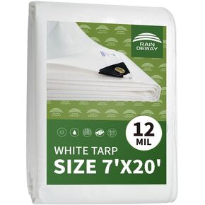 12 Mil Heavy Duty White Tarp 6x20 Feet, UV Resistant, Waterproof, Weatherproof Poly Tarp with Metal Grommets and Reinforced Edges