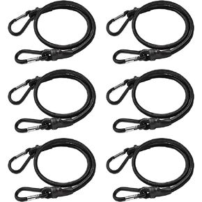 24 inch Bungee Cords with Carabiner Hook, Black Short Heavy Duty Elastic Tie Downs Straps, Extra Strong Lastic Rope with Length Metal Buckle for Outdoor, Camping, Luggage, Bike Rack (6 Pack)