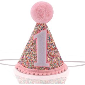birthday hats for kids,Rainbow Birthday Party Decorations for Girls,Glitter Birthday Hat with Pink Pom Topper (1st)