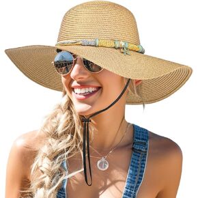 Beach Hats for Women Packable Boho Hat, Wide Brimmed Sun Hats for Womens Straw Hats for Summer UPF 50+ UV Protection Khaki