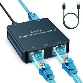 Snowkids Ethernet Splitter 1 to 2 High Speed 1000Mbps, Gigabit LAN Splitter with USB Power Cable, Network RJ45 Internet Adapter for Cat 5/6/7/8 Cable [2 Devices Simultaneous Networking]