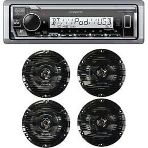 Kenwood KMR-M332BT Car & Marine Stereo | Plus 2X KFC-1653MRB 6.5" Black Marine 2 Way Speakers 150 Watts Pairs