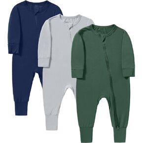 Baby Boys Girls Footless Pajamas with Mitten Cuffs - 3Pcs Rayon of Bamboo Long Sleeve 2 Way Zipper Sleepers