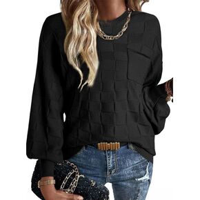 SHEWIN Womens 2024 Casual Long Sleeve Tops Sweaters Solid Color Crewneck Loose Pullover Checkered Knit Sweaters Shirts