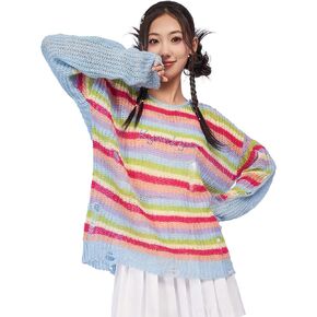 Women's Y2K Rainbow Striped Crewneck Long Sleeves Pullover Loose Yarn Knitwear Sweater