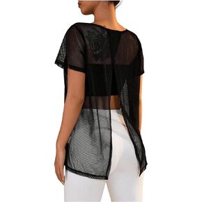 SweatyRocks Women's Split Hem Fishnet Mesh Short Sleeve Gym Sports Coverup T Shirts