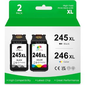 خرطوشة حبر COLORETTO 245XL 246XL لطابعات PIXMA TR4520 TR4522 MX490 MX492 MG2522 MG2525 MG2922 MG3022 IP2820 كبديل لطابعات Canon PG-245XL CL-246XL (1 أسود + 1 لون)