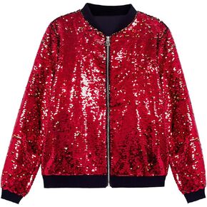 A ARFAR Women Sequin Jackets Flip Glitter Varsity Bomber Sparkly Coat Party Outwear Ladies Shiny Cloth