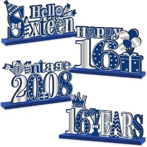 4 Pieces 16th Birthday Decorations Wooden Vintage 2008 Table Party Supplies, Blue Silver Hello Sixteen Table Centerpieces Sign, Happy 16th Anniversary Bday Table Decor in Kuwait