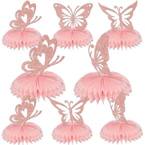 Butterfly Honeycomb Centerpieces, Butterfly Themed Baby Shower Party Decorations, Baby Girl Gender Reveal Party Table Toppers Supplies 8 Pcs Rose Gold (Double Sided Glitter Paper)