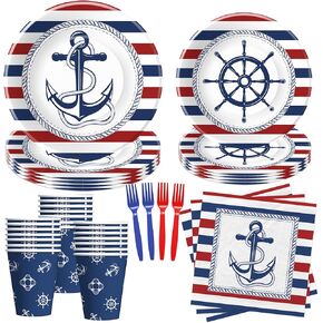 Nautical Plates And Napkins Party Supplies - Anchor Nautical Baby Shower Decorations Tableware, Plate, Cup, Napkin, Fork, Naby Blue And Red Sailor Ship Boat Birthday Decorations | Serve 24