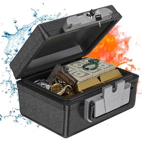 WASJOYE Fireproof Waterproof Safe Box with Key Lock, 0.3 Cubic Feet, Portable Safe Box for Home Car Business Office Outdoor Documents Passport Cash Valuables, 6.6 x 12.7 x 15.3 inche, Black