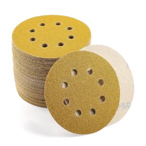 5-Inch 8-Hole Sanding Disc Hook and Loop, 100 Pcs Orbital Sanding Discs, 60/80/120/150/240 Assorted Grits Gold Sandpaper for Woodworking or Sanding Discs Gold Random