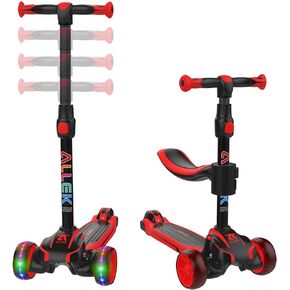 Allek 2-in-1 Kids Kick Scooter D01, Anti Skid 3 Wheel Light Up Push Scooter with Height Adjustable and Removable Seat for Boys Girls 3-12yrs (Dual Color Red-Black)