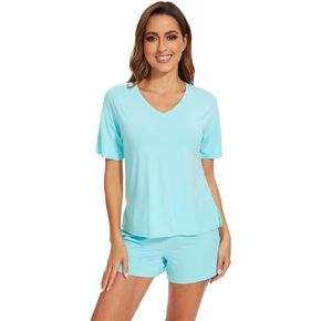 WiWi Soft Viscose from Bamboo Pajamas for Women Summer Short Sleeve Top with Shorts Pajama Set Pjs S-XXL