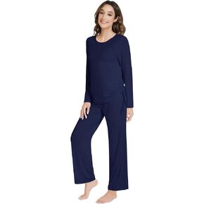 NACHILA Women's Pajamas Set-Viscose Made from Bamboo, Sleepwear Long Sleeve Pjs Sets Crew Neck Pajama with Pants