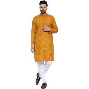 Maple Clothing Men's Kurta Pajama Chikan Embroidery Cotton Indian Evening Dress