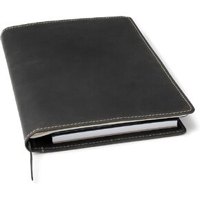 Theodore Black Leather Notebook Cover 7.8 x 10.8 Inch with Journal - Padfolio for Tablet, Phone, Notebook, Business Cards, Pen & Phone Pockets - Fits Moleskine XL Notebooks