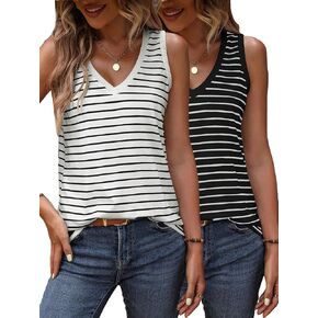 Milumia Women's 2 Pack Striped V Neck Tank Tops Casual Summer Sleeveless Shirts Set