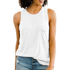 Smile Fish Women's Crew Neck Loose Fit Flowy Tank Top Basic Cotton Sleeveless Shirt Pocket