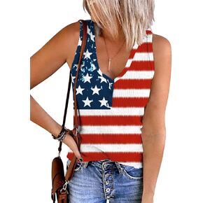 Women's Fourth of July Ribbed Tank Tops Independence Day V Neck Sleeveless T-Shirts American Flag Shirts