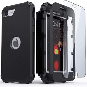 IDweel for iPhone SE 2020 Case with Screen Protector, for iPhone SE 2022 Case,3 in 1 Shock Absorption Slim Fit Heavy Duty Hard PC Cover Soft Silicone Bumper Full Body Sturdy Case,Black