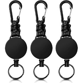 Retractable Keychain 3 Pack Heavy Duty Carabiner Badge Holder Extendable Badge Reel ID Holder Key Ring with 60 cm Steel Retractable Cord and Paracord