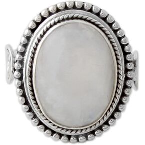 NOVICA Artisan Handmade Rainbow Moonstone Cocktail Ring India .925 Sterling Silver with White Clear 'Rainbow Glow'