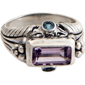 NOVICA Artisan Handmade Amethyst Blue Topaz Cocktail Ring .925 Sterling Silver Purple Indonesia Birthstone 'Sea Temple'