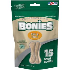 Bonies Natural Skin & Coat Formula Small-Sized Single Bone - Promote Silky Coat & Healthy Skin, Healthy Teeth & Fresh Breath, Low Calories - Chicken Flavor, 15 Count