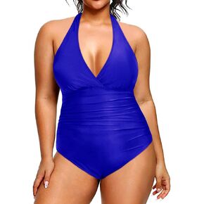 Daci Women V Neck Plus Size One Piece Swimsuits Tummy Control Ruched Bathing Suit Halter Backless Swimwear