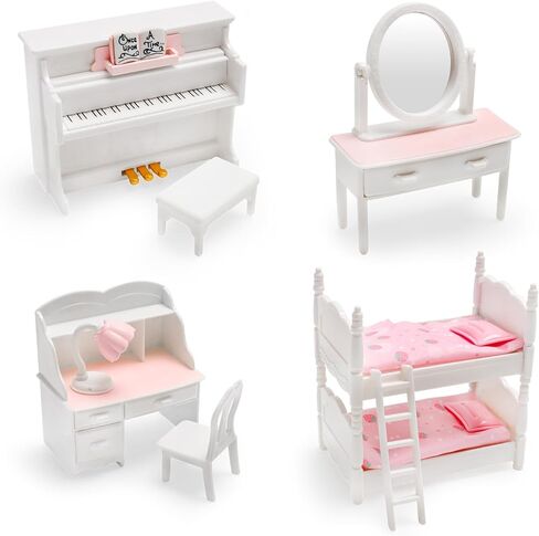 7 قطع من إكسسوارات أثاث المنزل الصغير، طقم غرفة نوم مصغر بما في ذلك سرير بطابقين مع سلم وطاولة تزيين مع مرآة ومكتب بيانو لتزيين مشهد المنزل المصغر in Kuwait