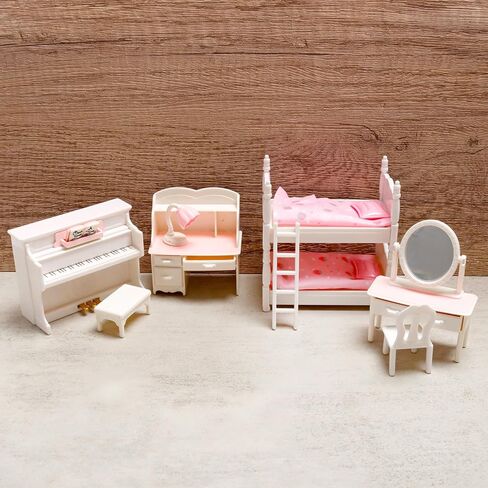 7 قطع من إكسسوارات أثاث المنزل الصغير، طقم غرفة نوم مصغر بما في ذلك سرير بطابقين مع سلم وطاولة تزيين مع مرآة ومكتب بيانو لتزيين مشهد المنزل المصغر in Kuwait