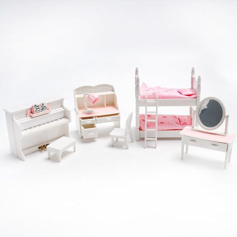 7 قطع من إكسسوارات أثاث المنزل الصغير، طقم غرفة نوم مصغر بما في ذلك سرير بطابقين مع سلم وطاولة تزيين مع مرآة ومكتب بيانو لتزيين مشهد المنزل المصغر in Kuwait