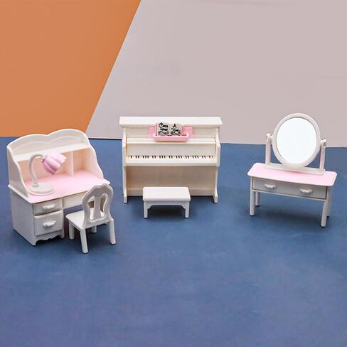 7 قطع من إكسسوارات أثاث المنزل الصغير، طقم غرفة نوم مصغر بما في ذلك سرير بطابقين مع سلم وطاولة تزيين مع مرآة ومكتب بيانو لتزيين مشهد المنزل المصغر in Kuwait