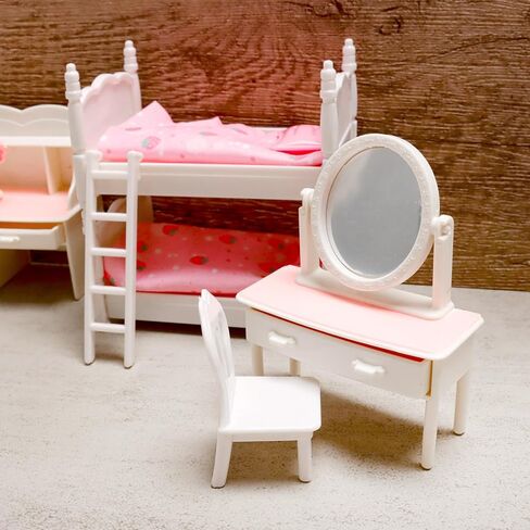 7 قطع من إكسسوارات أثاث المنزل الصغير، طقم غرفة نوم مصغر بما في ذلك سرير بطابقين مع سلم وطاولة تزيين مع مرآة ومكتب بيانو لتزيين مشهد المنزل المصغر in Kuwait