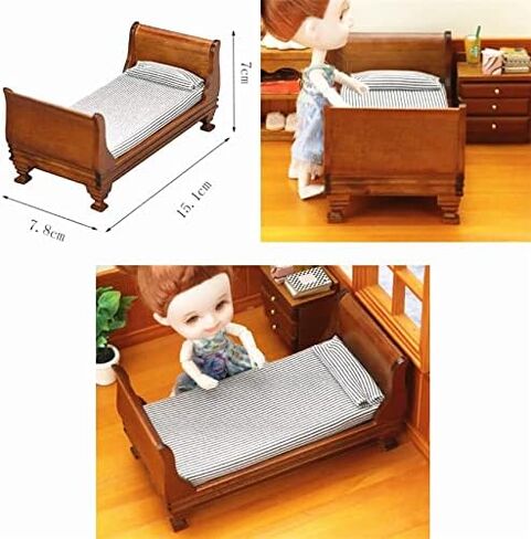1:12 Dollhouse Miniature Doll Furniture Vintage Wooden Single Bed Stripe Bedding in Saudi Arabia