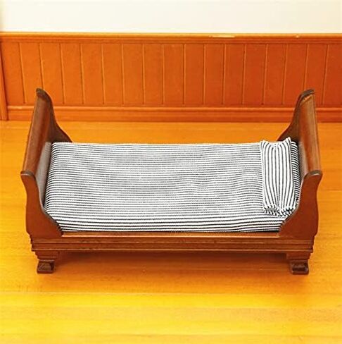 1:12 Dollhouse Miniature Doll Furniture Vintage Wooden Single Bed Stripe Bedding in Saudi Arabia