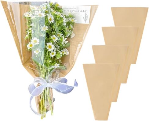 BBJ WRAPS أكمام زهور بنية للباقات، كيس ورقي لتغليف الزهور مقاوم للماء، غلاف زهور بلاستيكي شفاف لمستلزمات ترتيبات الزهور، 4.7 × 14 × 22 بوصة، 100 قطعة in Kuwait