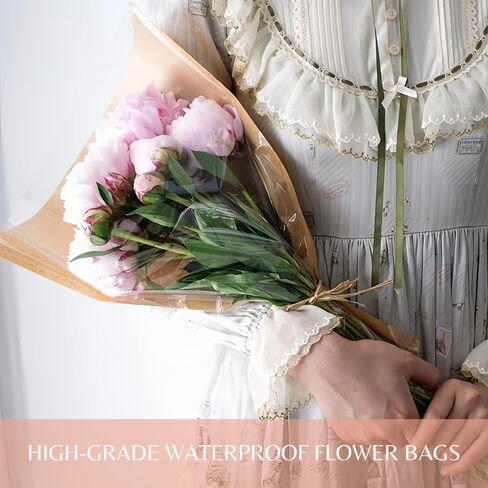 BBJ WRAPS أكمام زهور بنية للباقات، كيس ورقي لتغليف الزهور مقاوم للماء، غلاف زهور بلاستيكي شفاف لمستلزمات ترتيبات الزهور، 4.7 × 14 × 22 بوصة، 100 قطعة in Kuwait