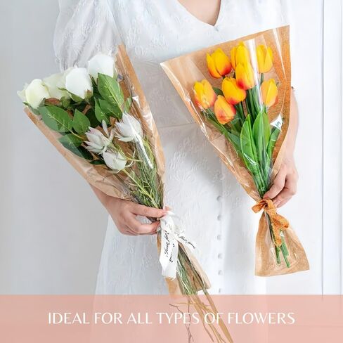 BBJ WRAPS أكمام زهور بنية للباقات، كيس ورقي لتغليف الزهور مقاوم للماء، غلاف زهور بلاستيكي شفاف لمستلزمات ترتيبات الزهور، 4.7 × 14 × 22 بوصة، 100 قطعة in Kuwait