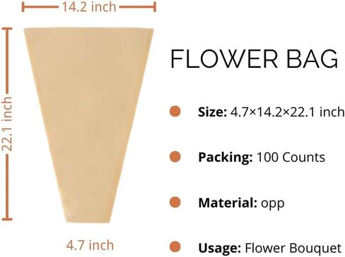BBJ WRAPS أكمام زهور بنية للباقات، كيس ورقي لتغليف الزهور مقاوم للماء، غلاف زهور بلاستيكي شفاف لمستلزمات ترتيبات الزهور، 4.7 × 14 × 22 بوصة، 100 قطعة in Kuwait