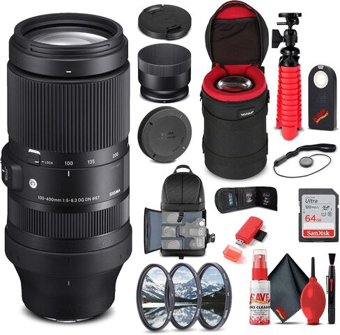 Sigma 100-400mm f/5-6.3 DG DN OS Contemporary Lens for Sony E (750965) Bundle + Backpack + 64GB Card + Lens Case + Card Reader + 3 Piece Filter Kit + Cleaning Set + Flex Tripod + More in Saudi Arabia