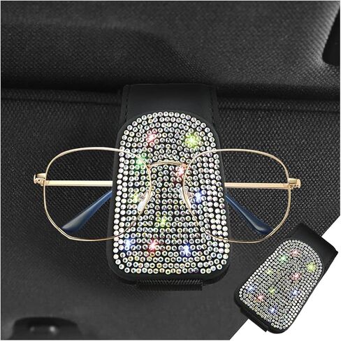 Bling Glasses Holder for Car Sun Visor, Sunglasses Mount with Crystal Rhinestones, Diamond Eyeglasses Hanger and Ticket Card Clip, Universal Auto Interior Accessories for Women Girls (Black) in Saudi Arabia