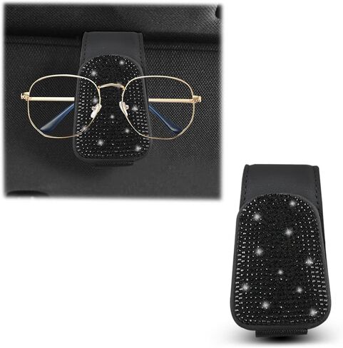 Bling Glasses Holder for Car Sun Visor, Sunglasses Mount with Crystal Rhinestones, Diamond Eyeglasses Hanger and Ticket Card Clip, Universal Auto Interior Accessories for Women Girls (Black) in Saudi Arabia