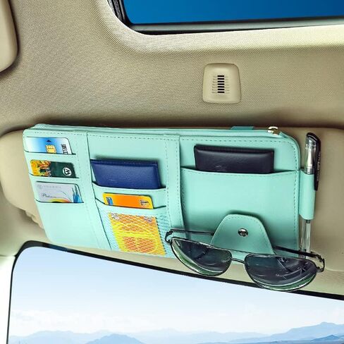 منظم حاجب الشمس للسيارة، جيب تخزين السيارة حاجب الشمس مع سحاب، منظم حاجب الشمس للسيارة منظم جيب جلدي حامل النظارات الشمسية للبطاقات والأقلام والنظارات الشمسية (وردي) in Kuwait