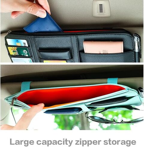 منظم حاجب الشمس للسيارة، جيب تخزين السيارة حاجب الشمس مع سحاب، منظم حاجب الشمس للسيارة منظم جيب جلدي حامل النظارات الشمسية للبطاقات والأقلام والنظارات الشمسية (وردي) in Kuwait