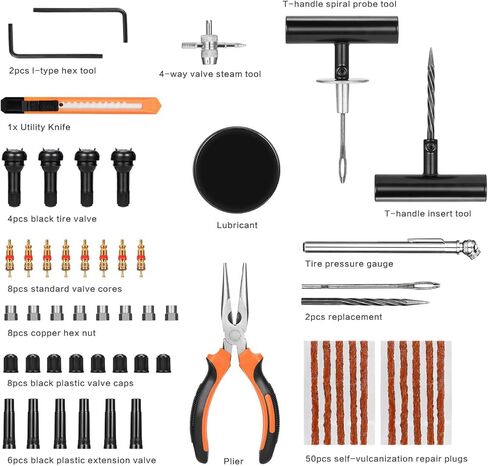 مجموعة إصلاح الإطارات 98 قطعة من كوهري، مجموعة سدادات الإطارات شديدة التحمل، مجموعة أدوات تصحيح الإطارات العالمية لإصلاح الثقوب والتوصيل المسطح، أدوات إصلاح الإطارات للسيارة والشاحنات وRV وجيب وATV وجرار ومقطورة ودراجة نارية in Kuwait