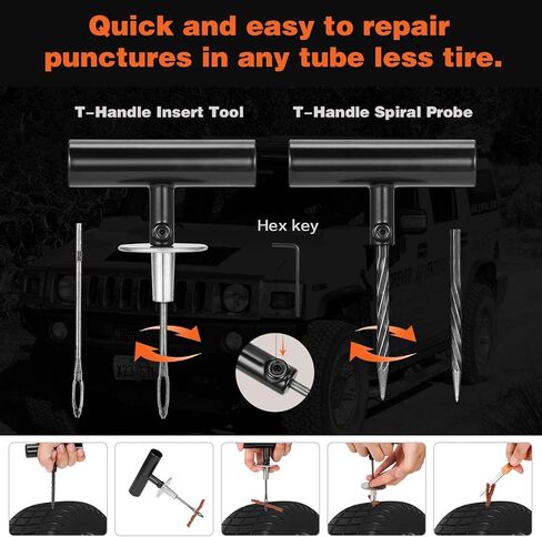 مجموعة إصلاح الإطارات 98 قطعة من كوهري، مجموعة سدادات الإطارات شديدة التحمل، مجموعة أدوات تصحيح الإطارات العالمية لإصلاح الثقوب والتوصيل المسطح، أدوات إصلاح الإطارات للسيارة والشاحنات وRV وجيب وATV وجرار ومقطورة ودراجة نارية in Kuwait