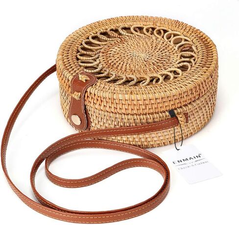 ENMAIN Round Rattan Bag for Women Straw Bag Handwoven Beach Bohemian Shoulder Purse in Saudi Arabia